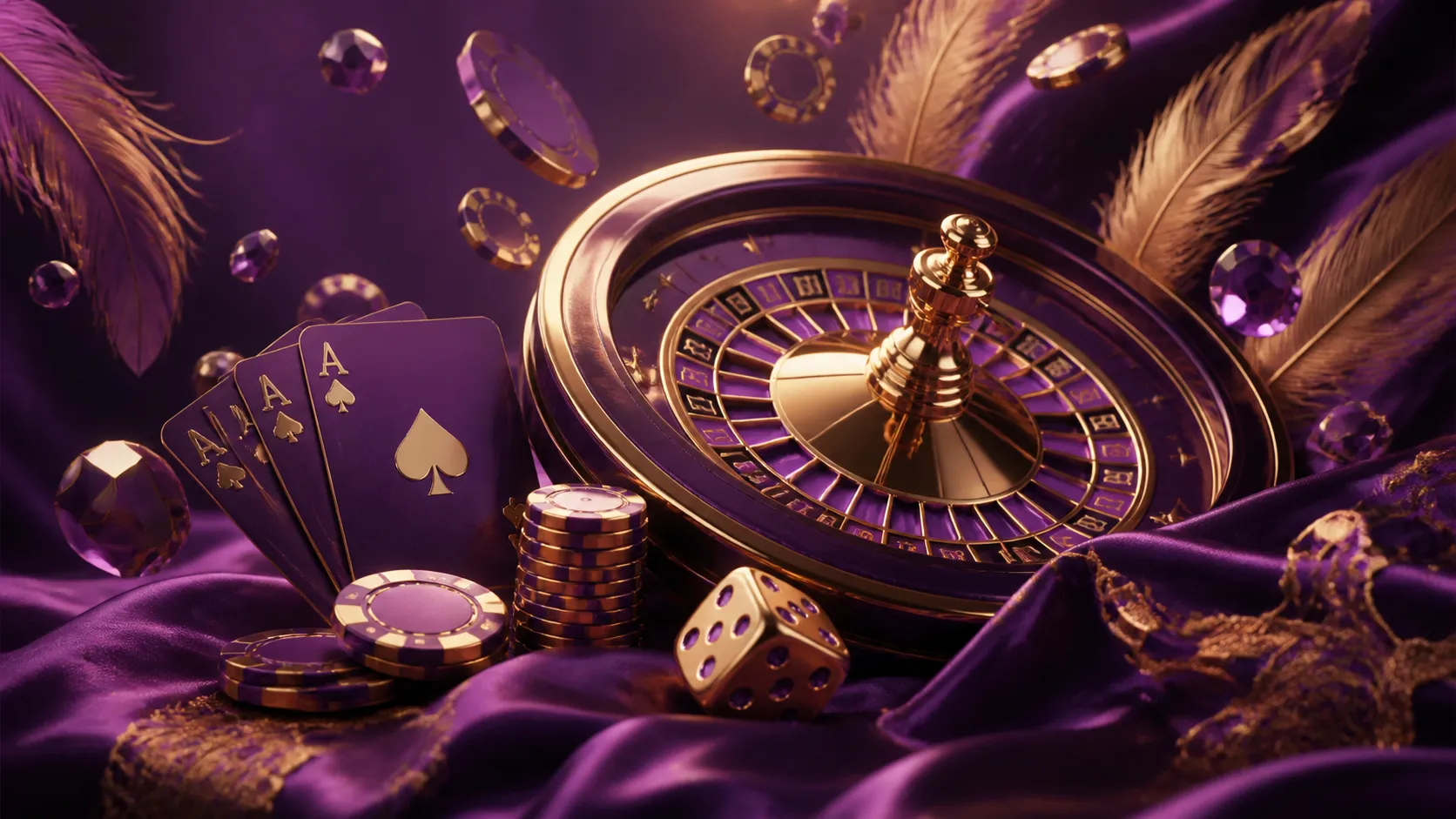 Luxurious casino-themed banner with poker chips, playing cards, and neon lights in a high-end setting.